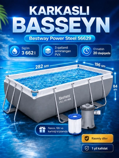 77 / 1000  To‘g‘ri burchakli karkasli basseyn - Bestway Power Steel 56629 - 282x196x84 sm
