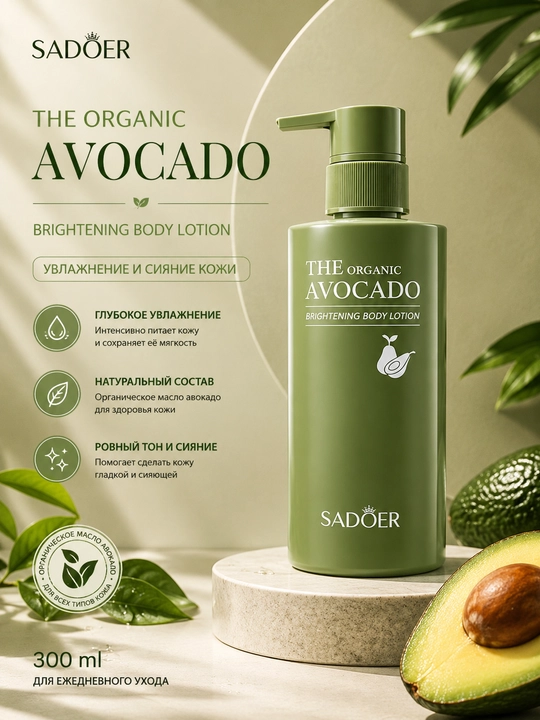 SADOER Organic Avocado Brightening Body Lotion лосьон для тела, с авокадо, 300 мл - 