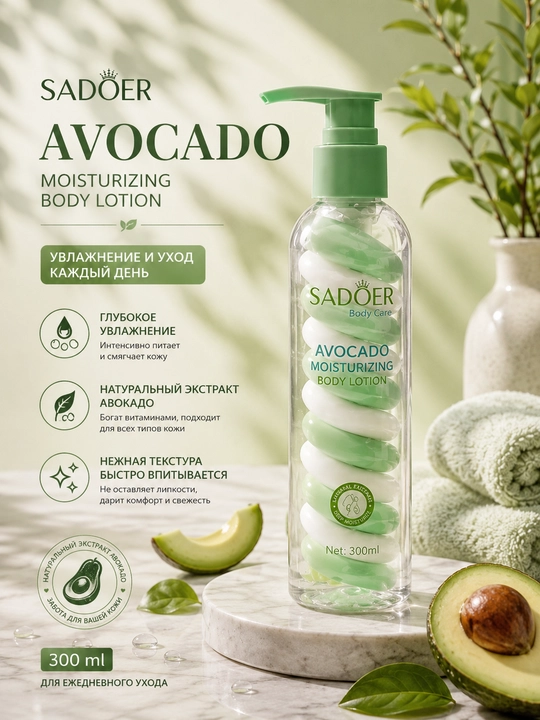 SADOER Avocado Moisturizing Body Lotion увлажняющий лосьон для тела, с авокадо, 300 мл - 