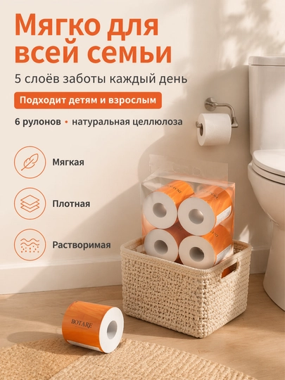 BOTARE Домашняя туалетная бумага 6 шт. / мешок 100 мм * 120 мм 5 этажей