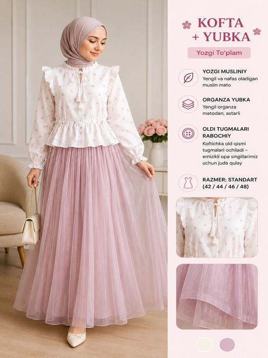 Kofta va yubka to‘plami, yozgi muslin kofta va organza yubka, standart 42-48