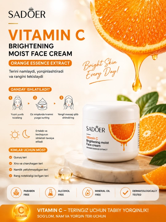 Yuz uchun krem, 5X vitamin C oqartiruvchi, namlantiradi va yoshartiradi ajinlarga qarshi - 