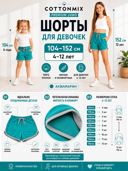 Qizlar uchun shortik Cottonmix Premium Juno, 100% paxta, akvamarin, 104-152 sm - 