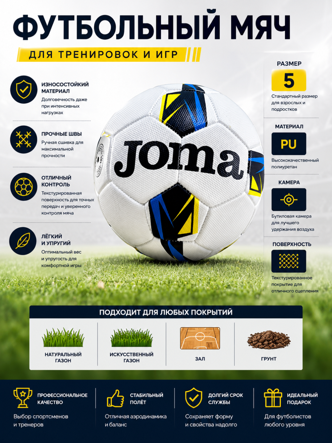Футбольный мяч Joma Professional №5 PU/PVC для тренировок и матчей, 32 панели - 