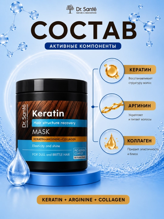Dr.Sante Keratin, маска для тусклых и ломких волос, 1000 мл