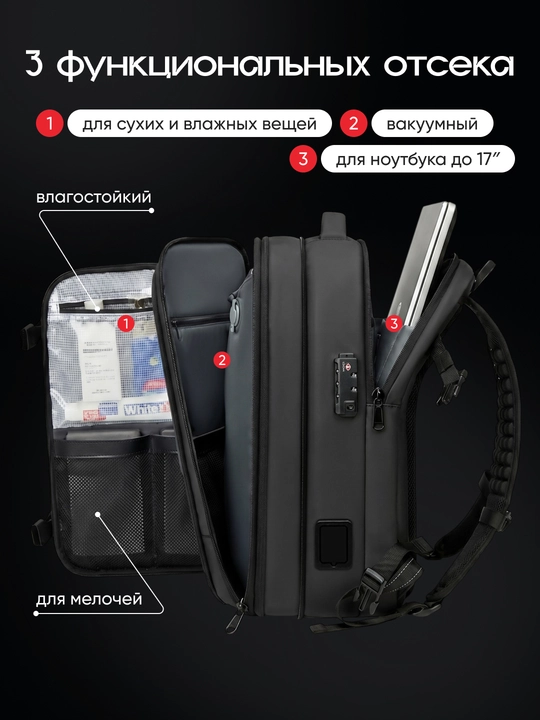 Vakuumli ryukzak 17" noutbuk uchun, 60 l, nasos va TSA qulf bilan