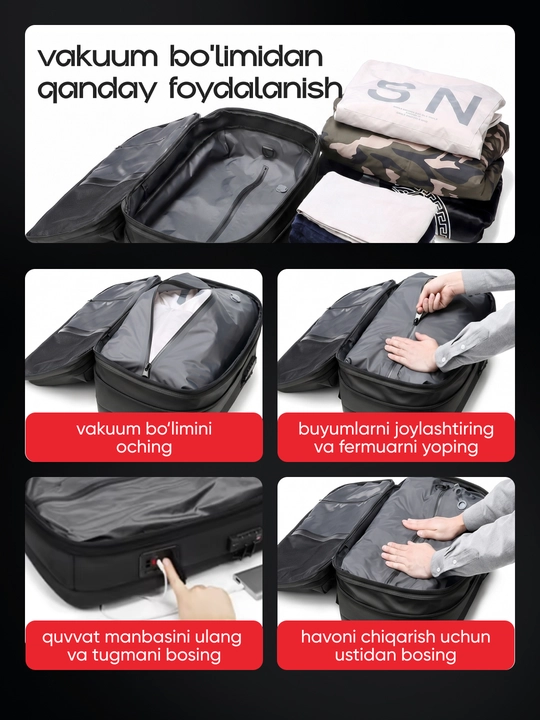Vakuumli ryukzak 17" noutbuk uchun, 60 l, nasos va TSA qulf bilan
