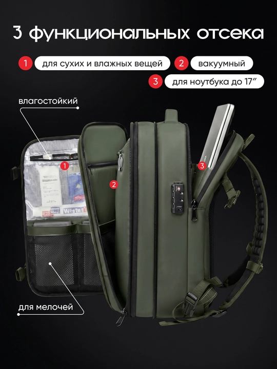 Вакуумный рюкзак для ноутбука 17", 60 л, с насосом и TSA замком