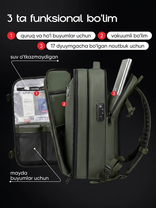 Вакуумный рюкзак для ноутбука 17", 60 л, с насосом и TSA замком
