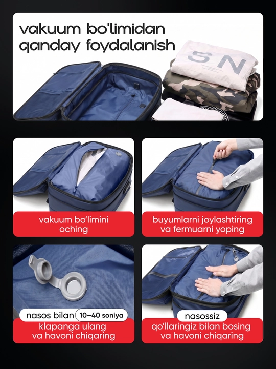 Vakuumli ryukzak 17" noutbuk uchun, 60 l, nasos va TSA qulf bilan