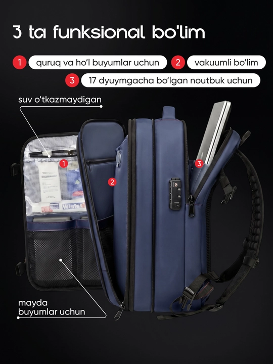 Vakuumli ryukzak 17" noutbuk uchun, 60 l, nasos va TSA qulf bilan