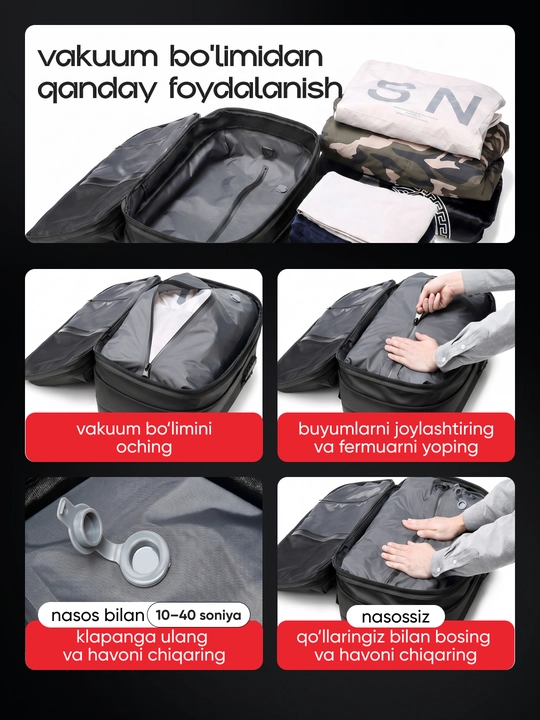 Vakuumli ryukzak 17" noutbuk uchun, 60 l, nasos va TSA qulf bilan