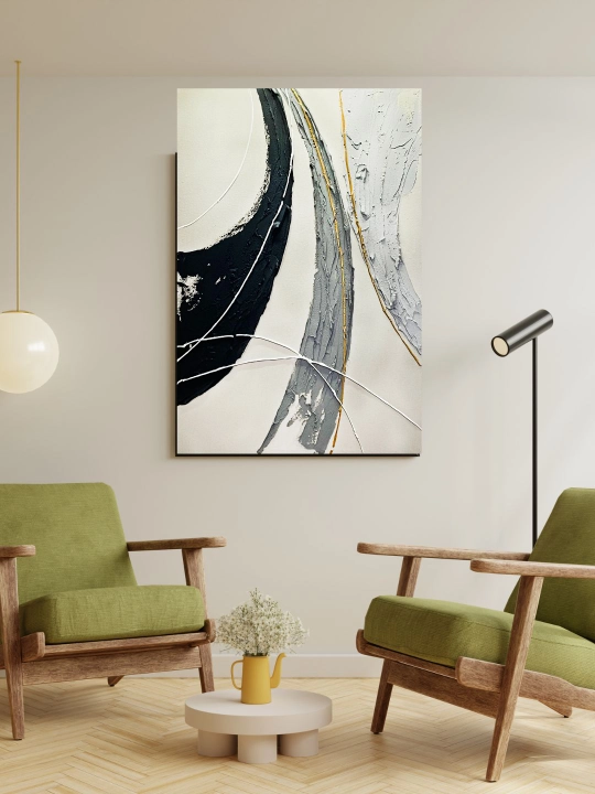 Interyer kartinasi, (Abstrakciya) qo‘l ishi, 60x90 «Qora va oq dinamikasi»