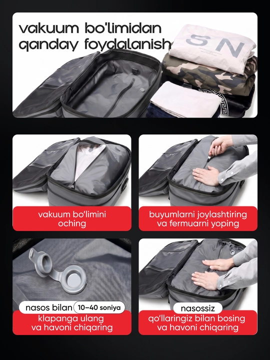 Vakuumli ryukzak 17" noutbuk uchun, 60 l, nasos va TSA qulf bilan