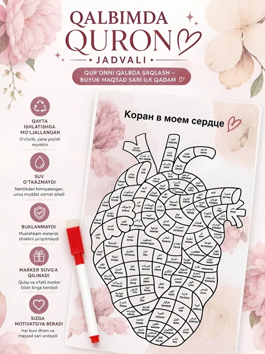 Многоразовая таблица-трекер Коран в моём сердце для заучивания сур - 