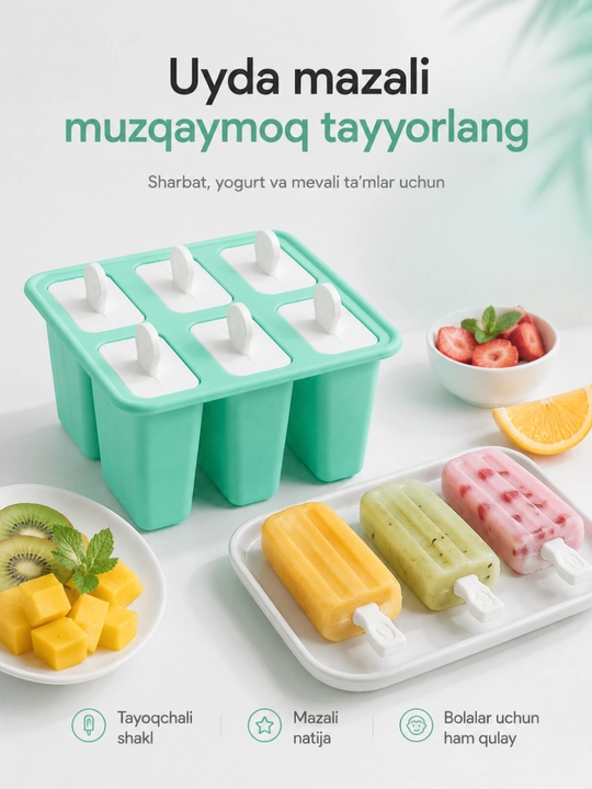 Uy sharoitida muzqaymoq tayyorlash uchun qulay, 6 donali silikon qolip