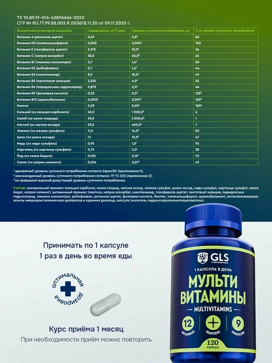 GLS Мультивитамины 12+9 капсулы 420 мг №120