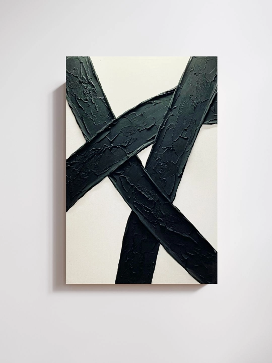 Interyer Surati, Qo‘l Ishi, 60x90 «Qora Chiziqlar Oq Fondda»