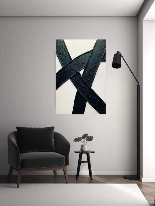 Interyer Surati, Qo‘l Ishi, 60x90 «Qora Chiziqlar Oq Fondda»