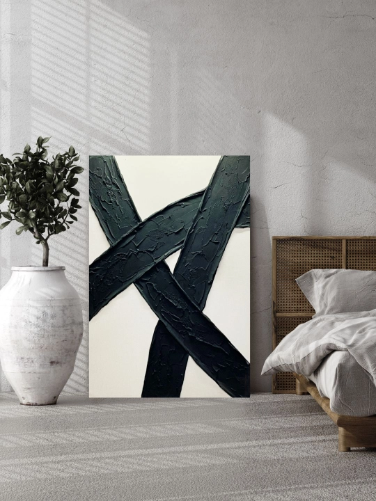 Interyer Surati, Qo‘l Ishi, 60x90 «Qora Chiziqlar Oq Fondda»