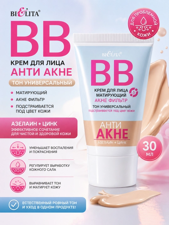 BB yuz kremi AKNEGA QARSHI Azelain+Sink Belita, universal ton, 30 ml - 