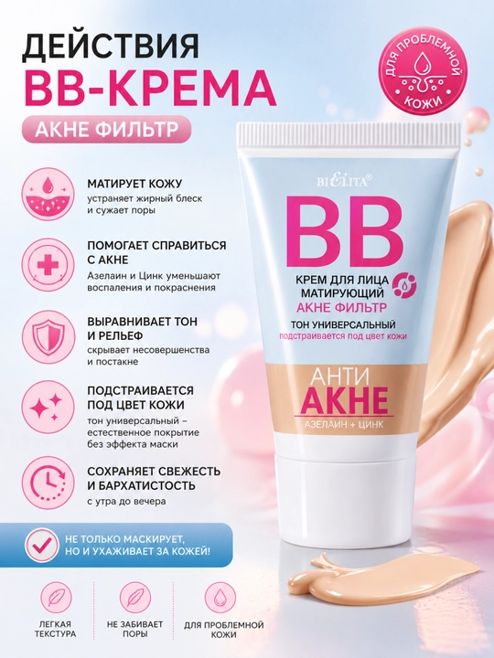 BB yuz kremi AKNEGA QARSHI Azelain+Sink Belita, universal ton, 30 ml