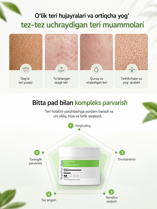 Wati For Skin Collagen Heartleaf Exosome Mild Acidic Peeling Pad, 60 dona