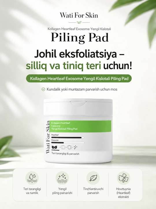 Wati For Skin Collagen Heartleaf Exosome Mild Acidic Peeling Pad, 60 dona