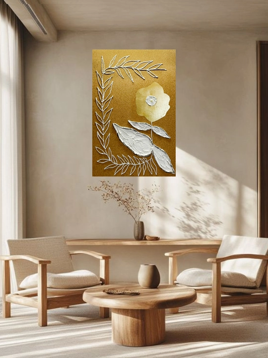 Interyer rasmi, qo‘lda ishlangan, 60x90, "Oltin rangdagi oq gul"