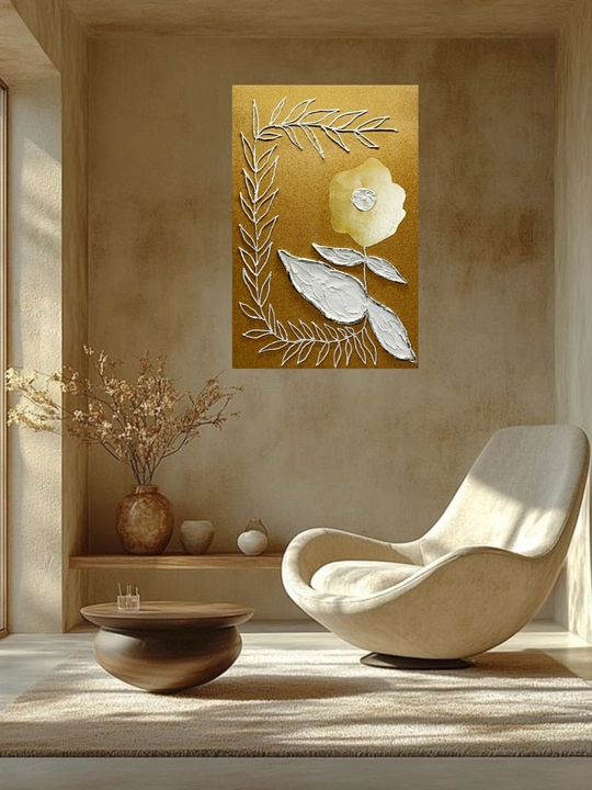 Interyer rasmi, qo‘lda ishlangan, 60x90, "Oltin rangdagi oq gul"