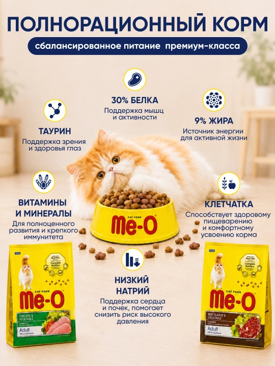 Сухой корм Me-O Курица/Говядина с овощами для кошек, на развес. Фасовка от 300г до 2кг