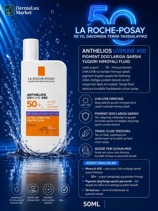 Himoya fluyid yuz uchun La Roche Anthelios SP50 oq izsiz yengil tekstura 50 ml - 