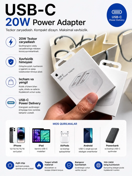 USB-C 20W Tezkor Zaryadlovchi iPhone Adapter, Smartfon va Planshetlar uchun