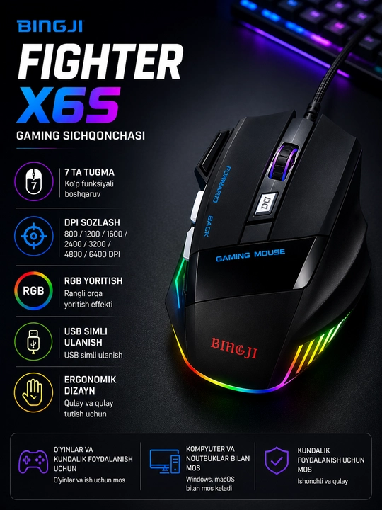 BIH6JI Fighter X6S RGB o‘yin sichqonchasi, 7 tugma, 4800 DPI