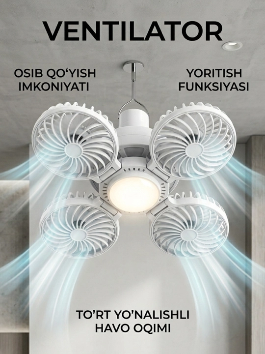 Lampa-ventilyator, 2-tasi-1 da— LED chiroq + sovitish
