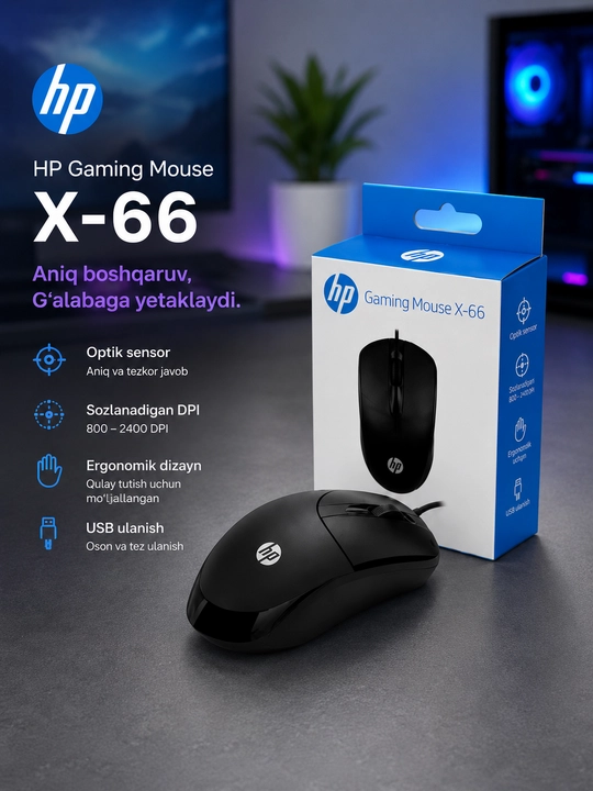 HP X-66 Gaming Mouse simli optik sichqoncha, USB, qora