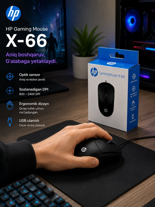 HP X-66 Gaming Mouse simli optik sichqoncha, USB, qora