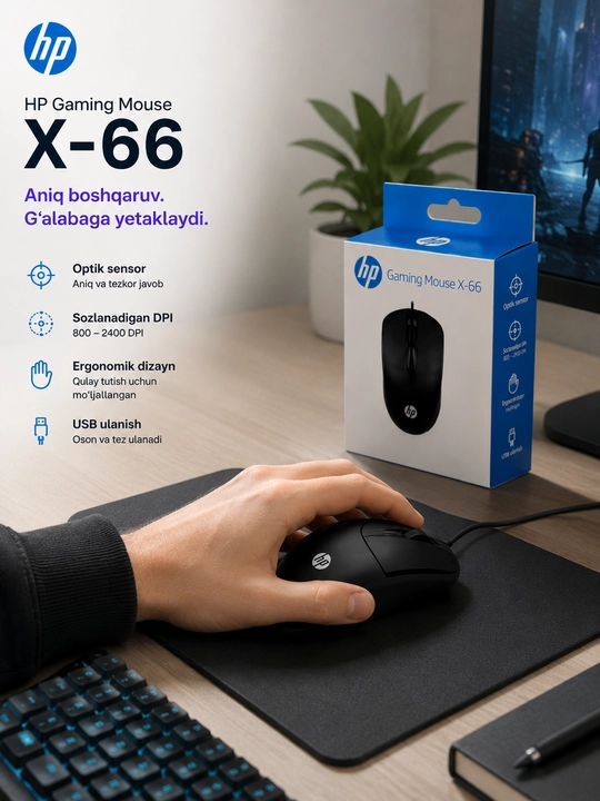 HP X-66 Gaming Mouse simli optik sichqoncha, USB, qora
