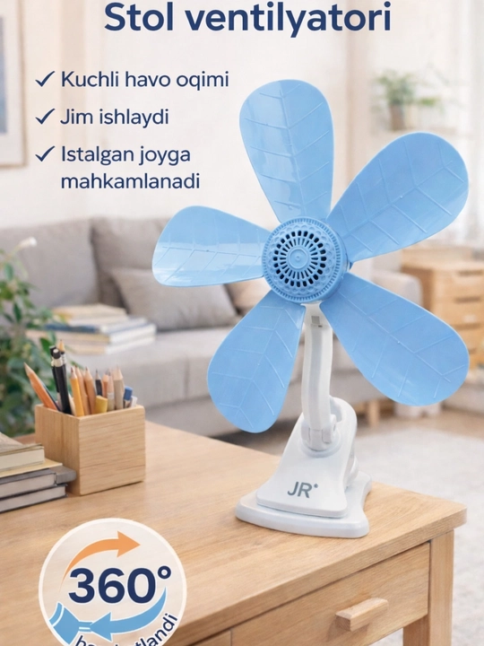 Ventilyator 2 in 1, stol usti va qisqichli, 5 parrakli, 360° aylanuvchi