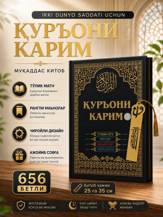 Катта хажимда Курони Карим, сузма-суз, рангли, манолар таржимаси