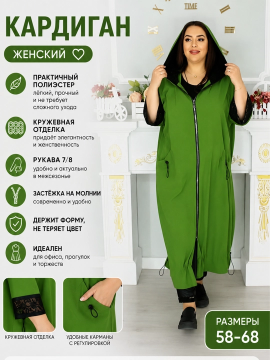 Кардиган с кружевом большой размер - 