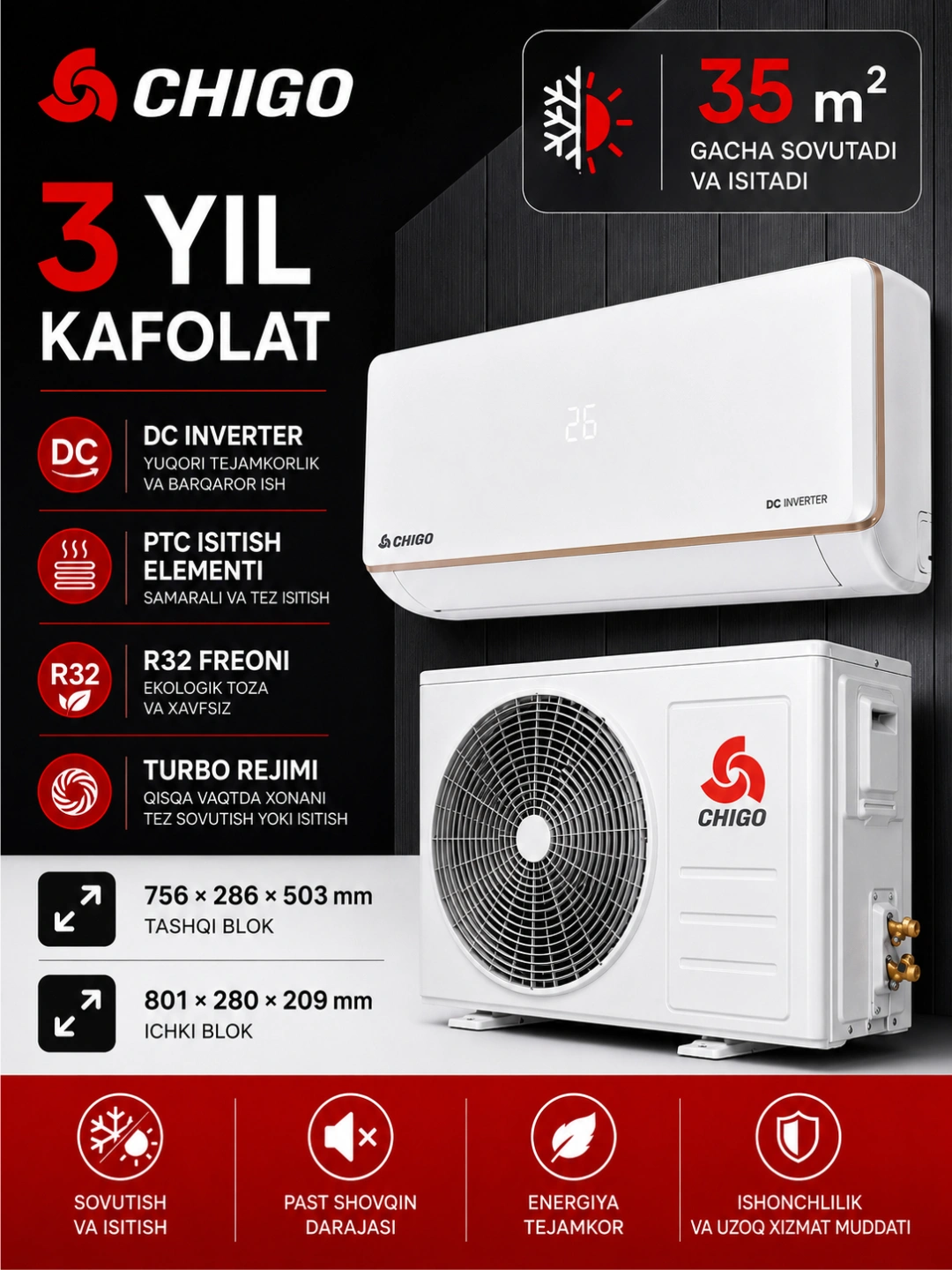Chigo инверторный кондиционер 12/18/24 — Dc invertor R32 фреон,Turbo cooling, Premium за 3699000 сум со скидкой 63%. Uzum Market