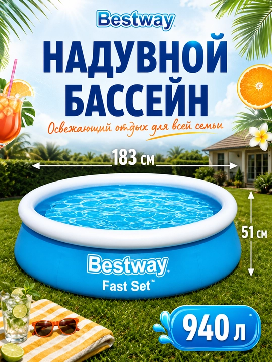 Надувной бассейн Bestway Fast Set, 940-5377 л, для детей и взрослых