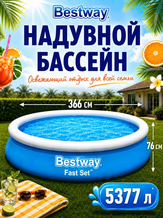 Надувной бассейн Bestway Fast Set, 940-5377 л, для детей и взрослых - 