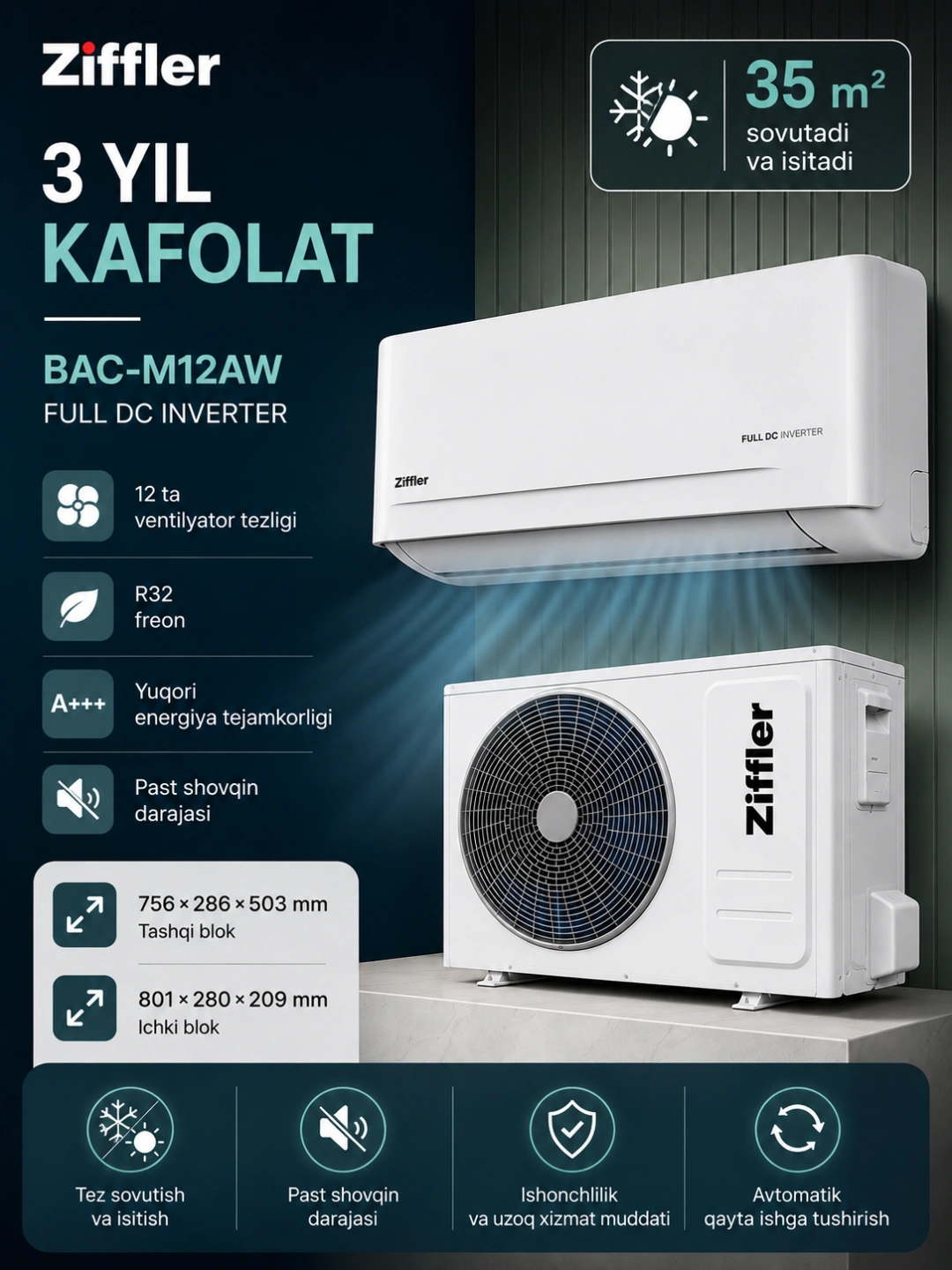 Кондиционер Ziffler 12/18/24 FULL Dc Inverter WIFI R32 сплит система,бесшумный,экономичный за 3699000 сум со скидкой 63%. Uzum Market
