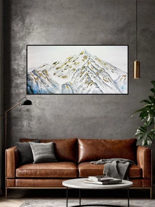 Interyer premium kartina, qo‘l ishi, 60x120 «Oltin Cho‘qqilar Sokinligi»