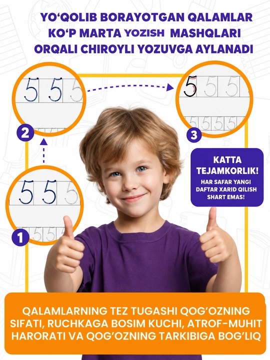 Bolalar uchun ko‘p martali sehrli yozuv daftari, 3+ - yozishni o‘rgatish, husnixat