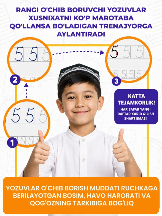 Bolalar uchun ko‘p martali sehrli yozuv daftari, 3+ - yozishni o‘rgatish, husnixat