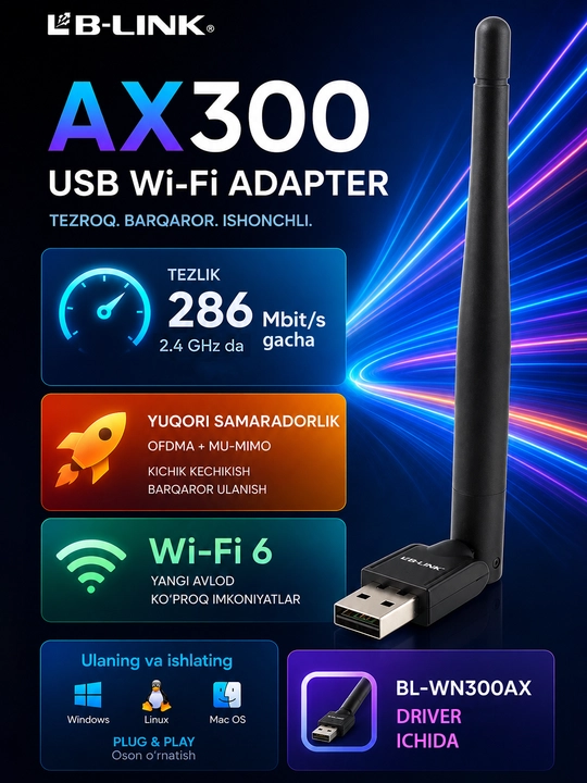 Wi-Fi 6 adapteri LB-Link BL-WN300AX AX300, 300 Mbit/s