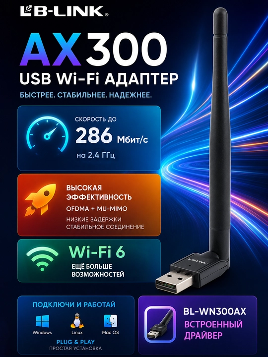 Wi-Fi 6 adapteri LB-Link BL-WN300AX AX300, 300 Mbit/s